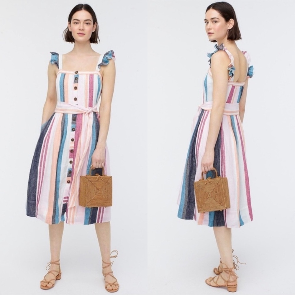 J. Crew Linen Ruffle Strap Button Up Midi Dress in Mixed Stripe - 4